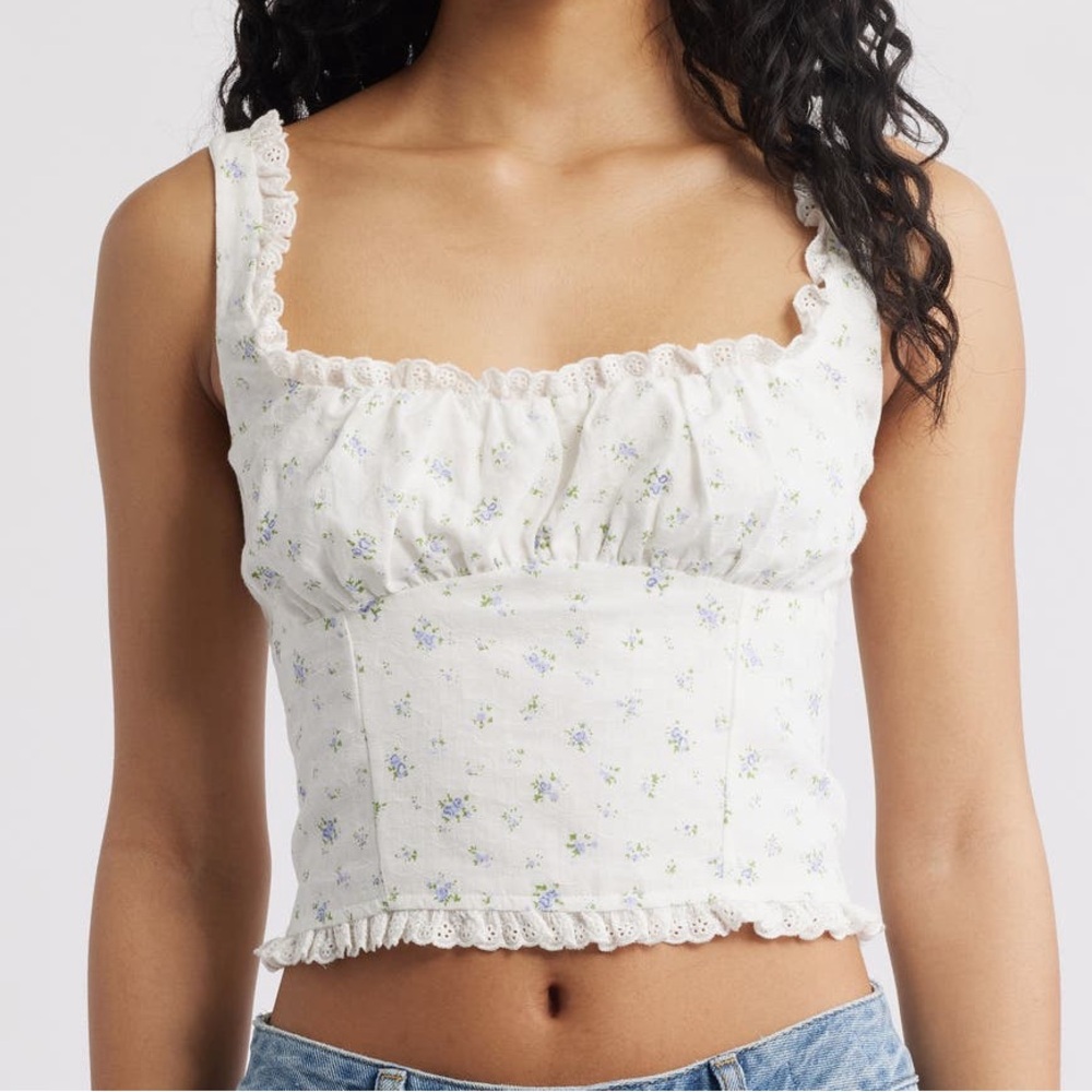 All in Favor Floral Cotton White Blue Floral Lace-Trim Corset Top - Sz Med, NWT